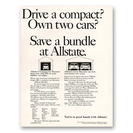 1967 Allstate Insurance Drive a Compact Vintage Magazine Print Ad