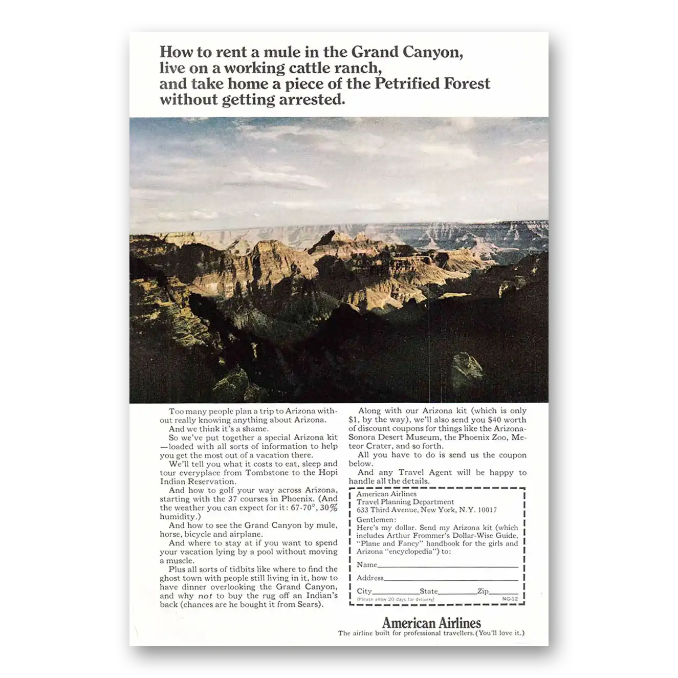 1967 American Airlines How to Rent a Mule In the Grand Canyon Vintage Magazine Print Ad