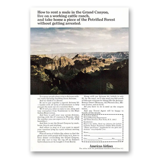 1967 American Airlines How to Rent a Mule In the Grand Canyon Vintage Magazine Print Ad