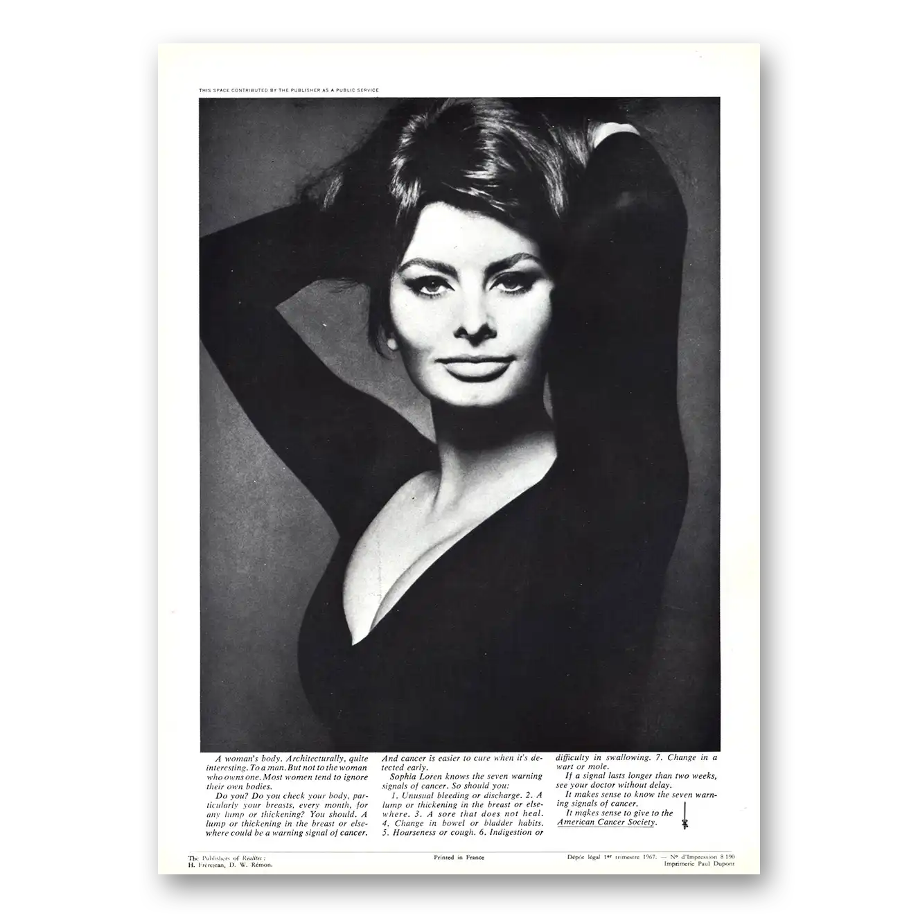 1967 American Cancer Society Sophia Loren A Womans Body Vintage Magazine Print Ad