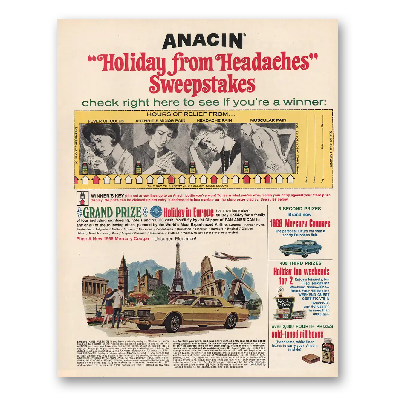 1967 Anacin Holiday From Headaches Sweepstakes Vintage Magazine Print Ad