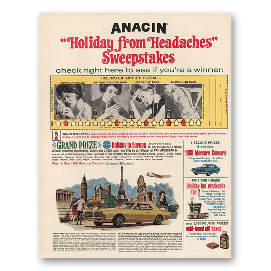 1967 Anacin Holiday From Headaches Sweepstakes Vintage Magazine Print Ad