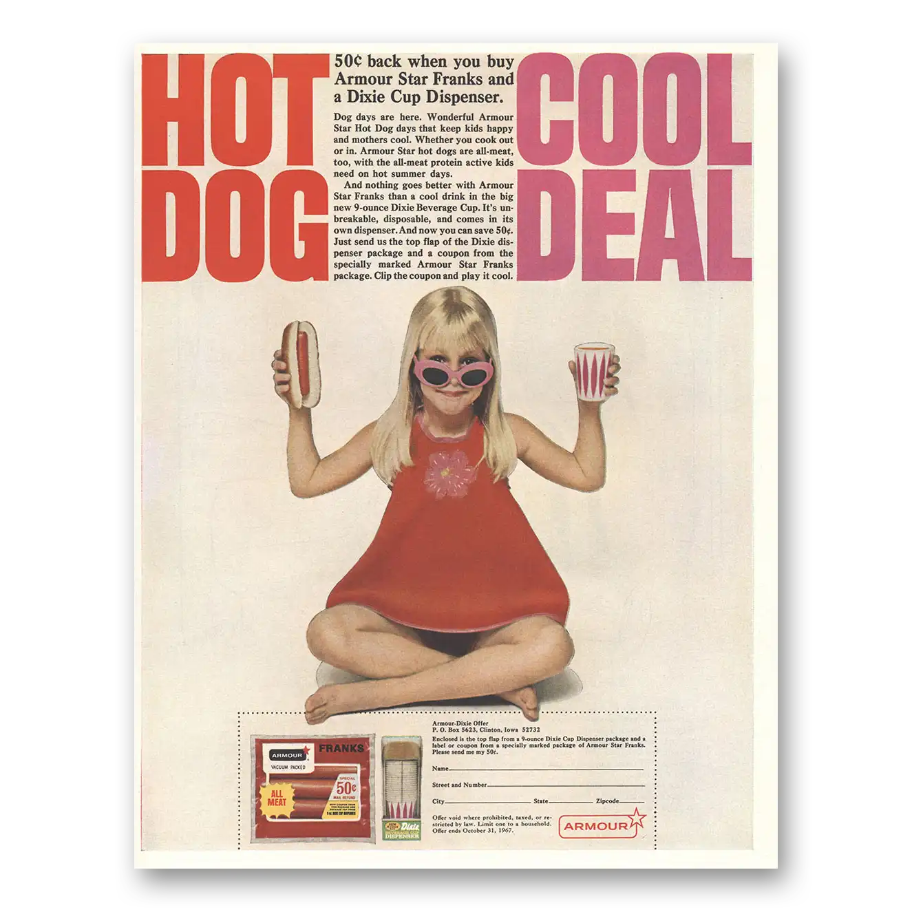 1967 Armour Franks Hot Dog Cool Deal Vintage Magazine Print Ad