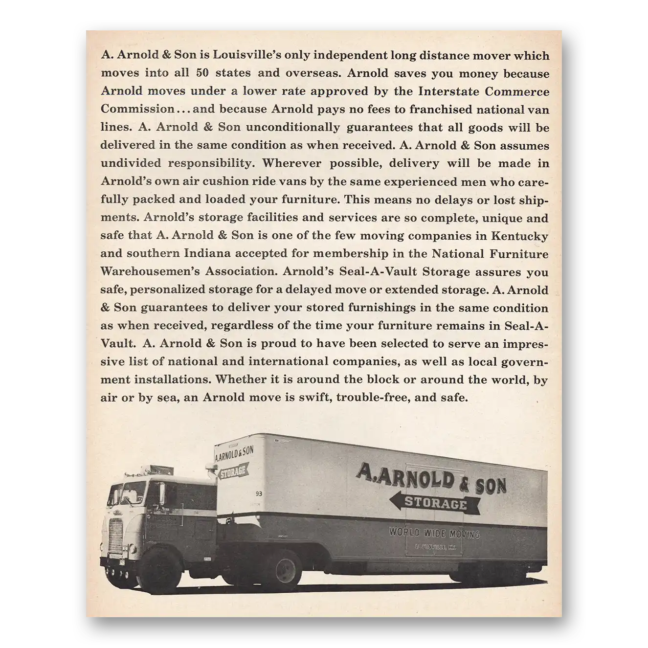 1967 A Arnold & Son Louisville Mover Vintage Magazine Print Ad