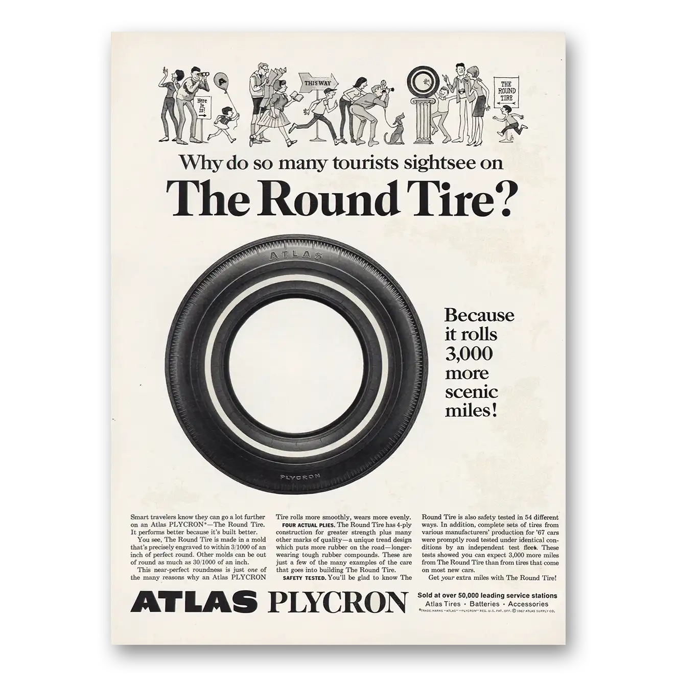 1967 Atlas Tires Tourists Sightsee on The Round Tire Vintage Magazine Print Ad