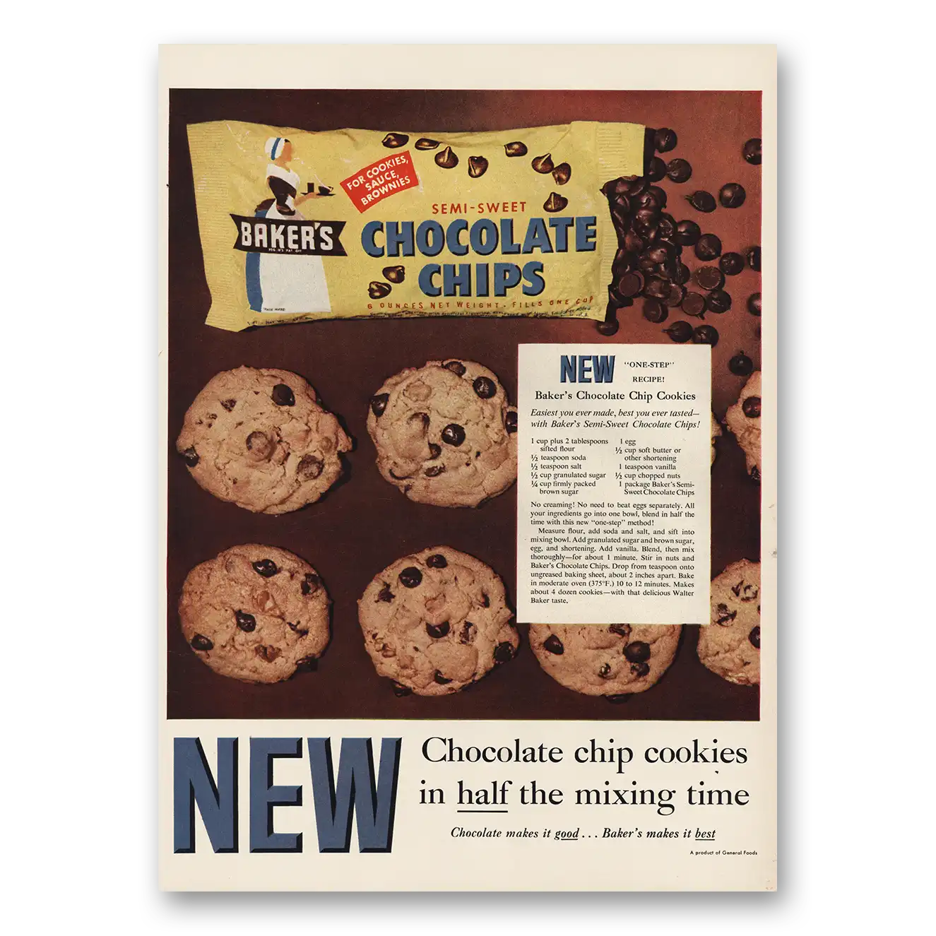 1955 Bakers Chocolate Chocolate Chip Cookies Vintage Magazine Print Ad