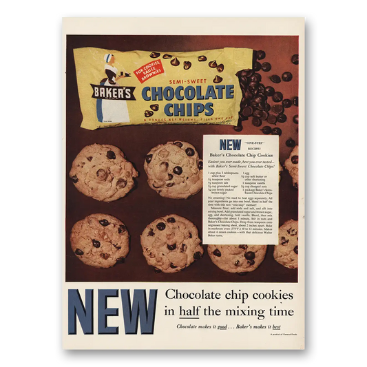 1955 Bakers Chocolate Chocolate Chip Cookies Vintage Magazine Print Ad