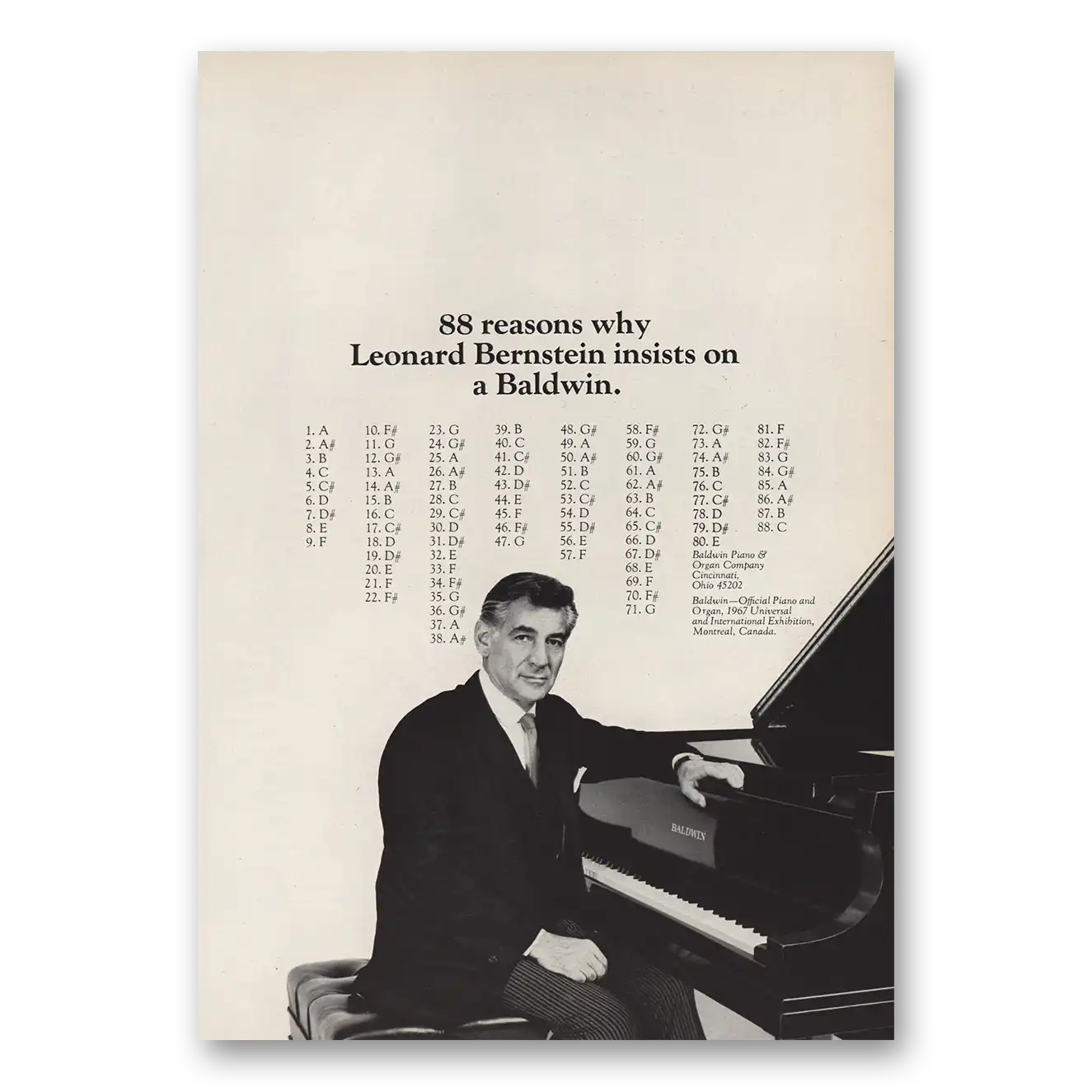 1967 Baldwin Piano Leonard Bernstein Insists Vintage Magazine Print Ad