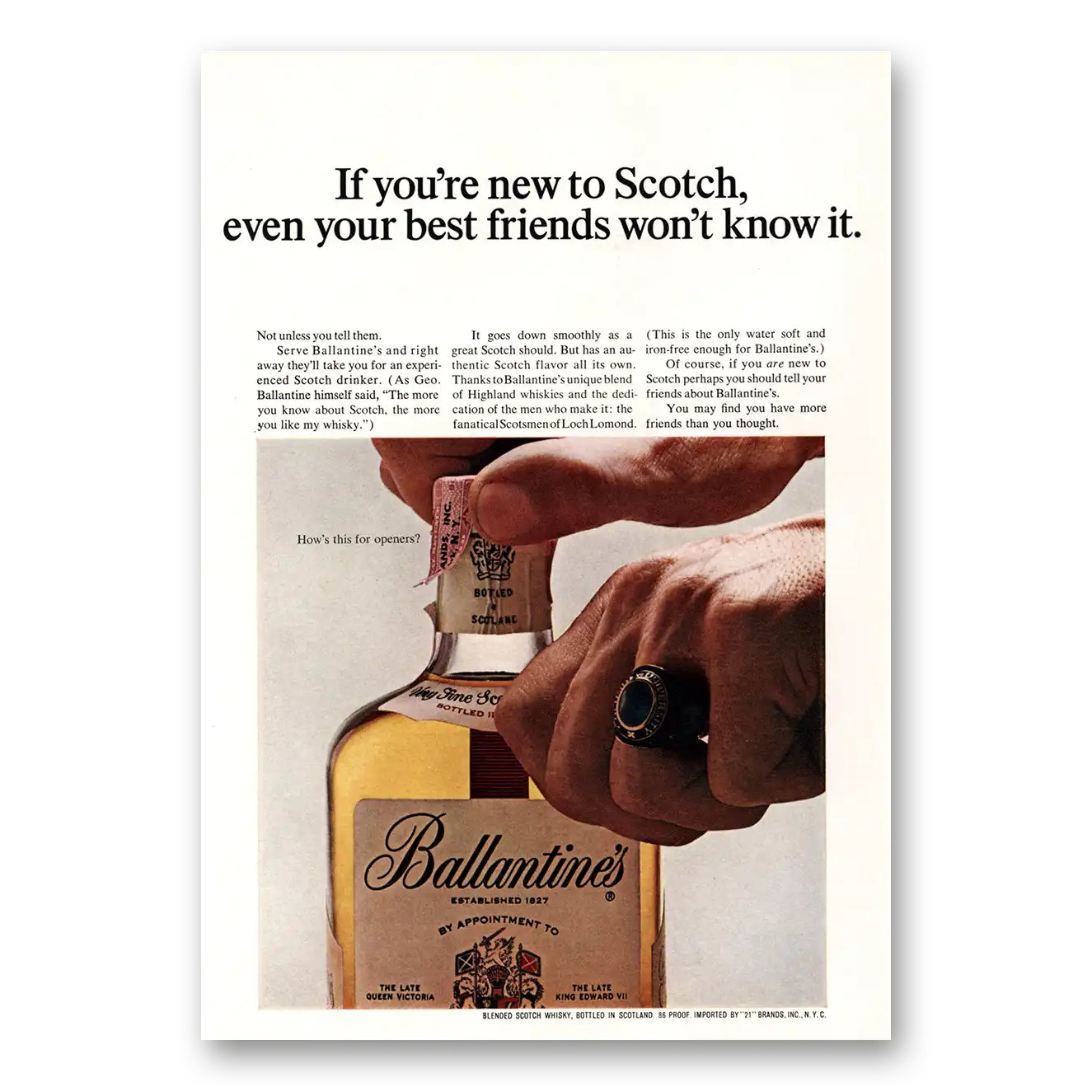 1967 Ballantines Ale You're New to Scotch Vintage Magazine Print Ad