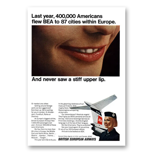 1967 British European Airways Never Saw Stiff Upper Lip Vintage Magazine Print Ad