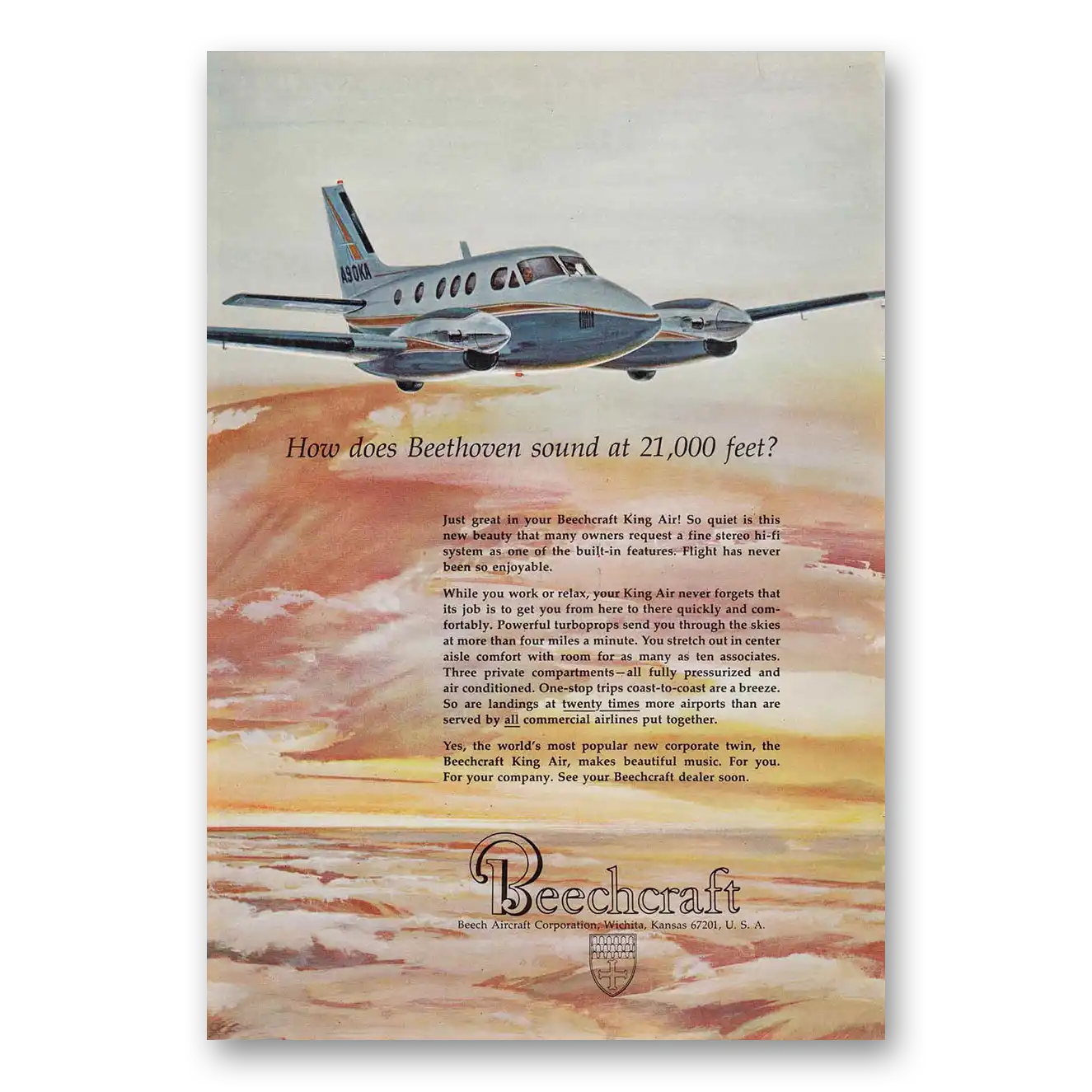 1967 Beechcraft King Air How Does Beethoven Sound at 21000 Feet Vintage Magazine Print Ad