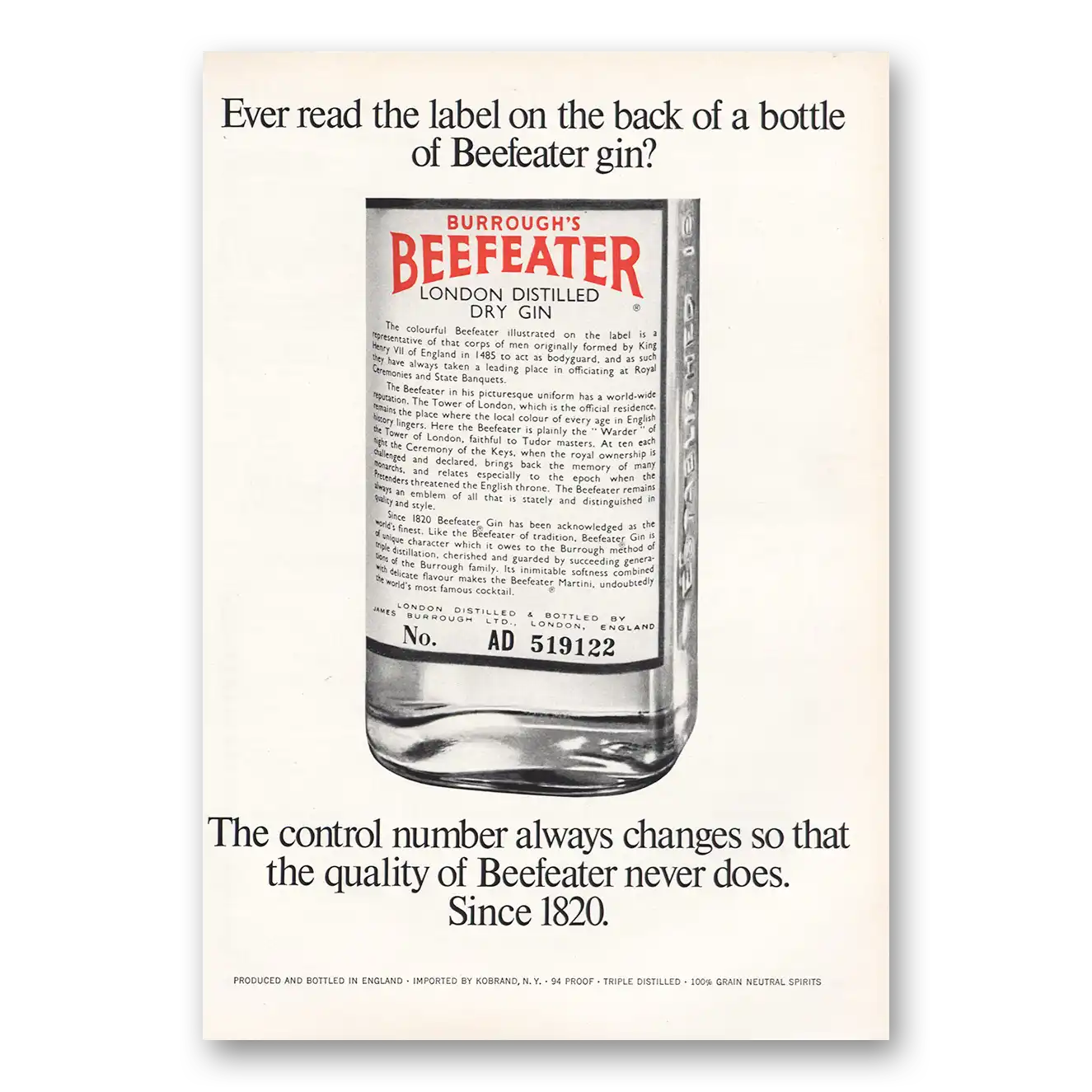 1967 Beefeater Label On the Back Vintage Magazine Print Ad