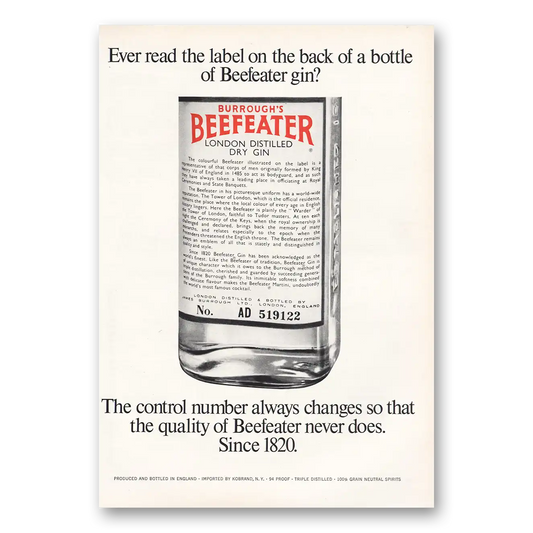 1967 Beefeater Label On the Back Vintage Magazine Print Ad