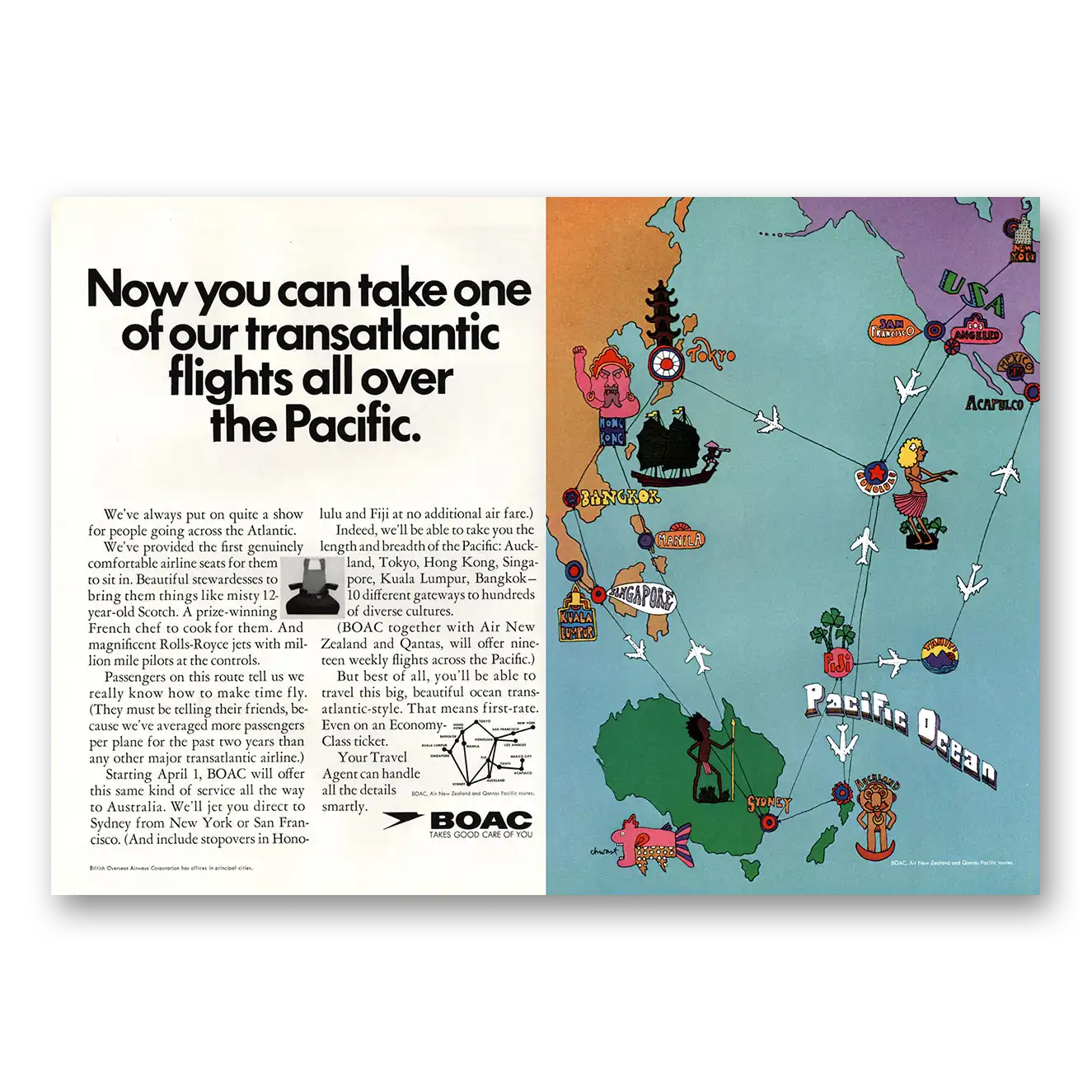 1967 British Airways BOAC Transatlantic Flights All Over the Pacific Vintage Magazine Print Ad