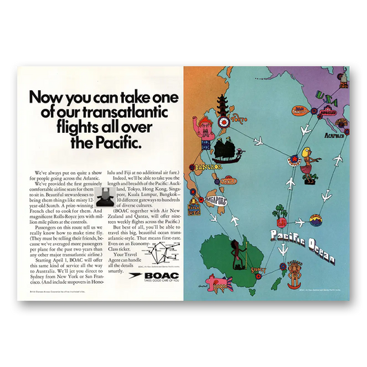 1967 British Airways BOAC Transatlantic Flights All Over the Pacific Vintage Magazine Print Ad