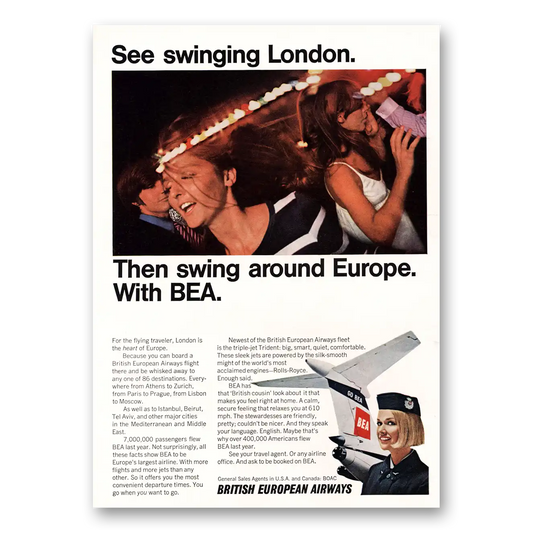 1967 British European Airways Swinging London Vintage Magazine Print Ad