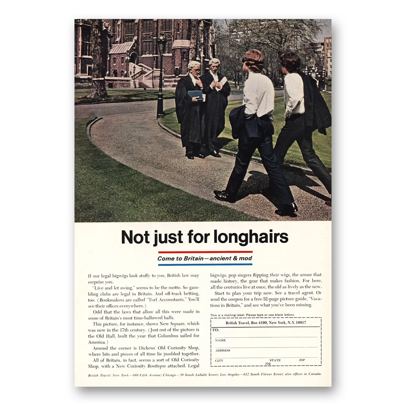 1967 British Travel Not Just for Longhairs Vintage Magazine Print Ad