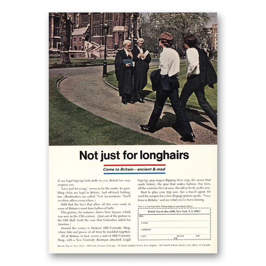 1967 British Travel Not Just for Longhairs Vintage Magazine Print Ad