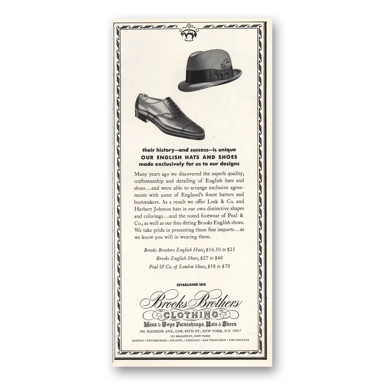 1967 Brooks Brothers English Hats and Shoes Vintage Magazine Print Ad