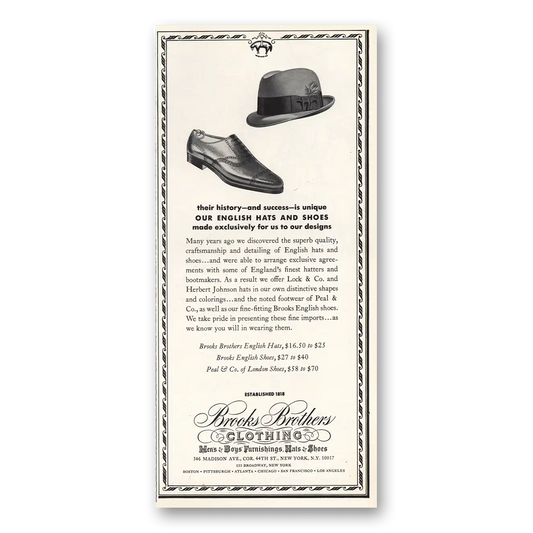 1967 Brooks Brothers English Hats and Shoes Vintage Magazine Print Ad