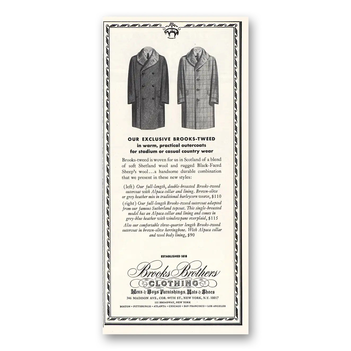 1967 Brooks Brothers Tweed Practical Outercoats Vintage Magazine Print Ad