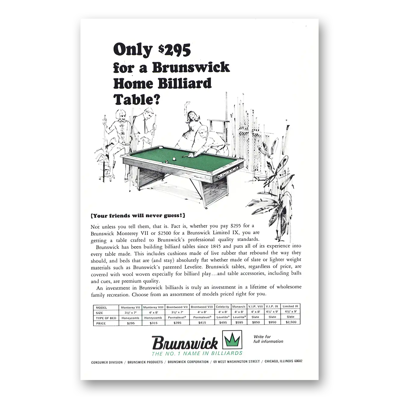 1967 Brunswick Billiard Tables Home Billiard Table Unknown Vintage Magazine Print Ad