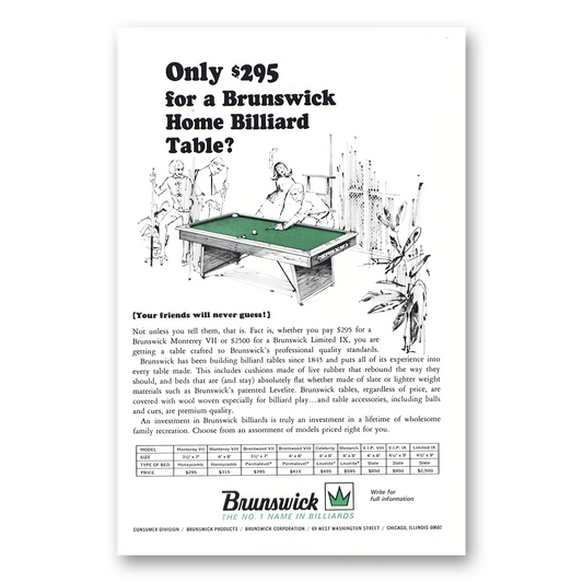 1967 Brunswick Billiard Tables Home Billiard Table Unknown Vintage Magazine Print Ad