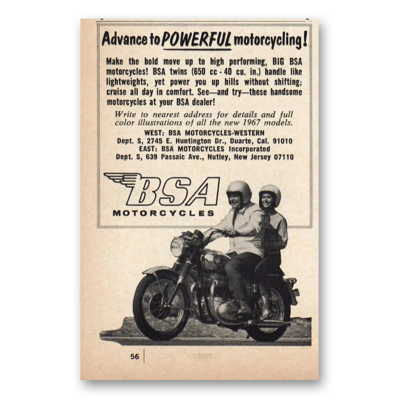 1967 BSA Motorcycles Powerful Motorcycling Vintage Magazine Print Ad