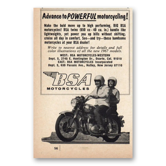 1967 BSA Motorcycles Powerful Motorcycling Vintage Magazine Print Ad