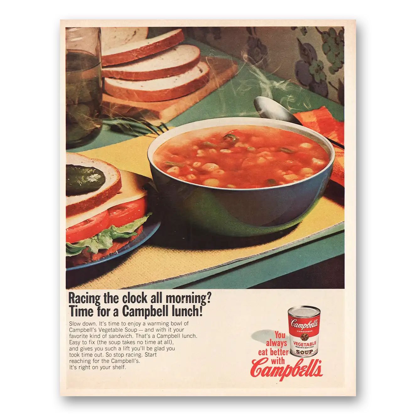 1967 Campbells Soup Racing the Clock All Morning Vintage Magazine Print Ad