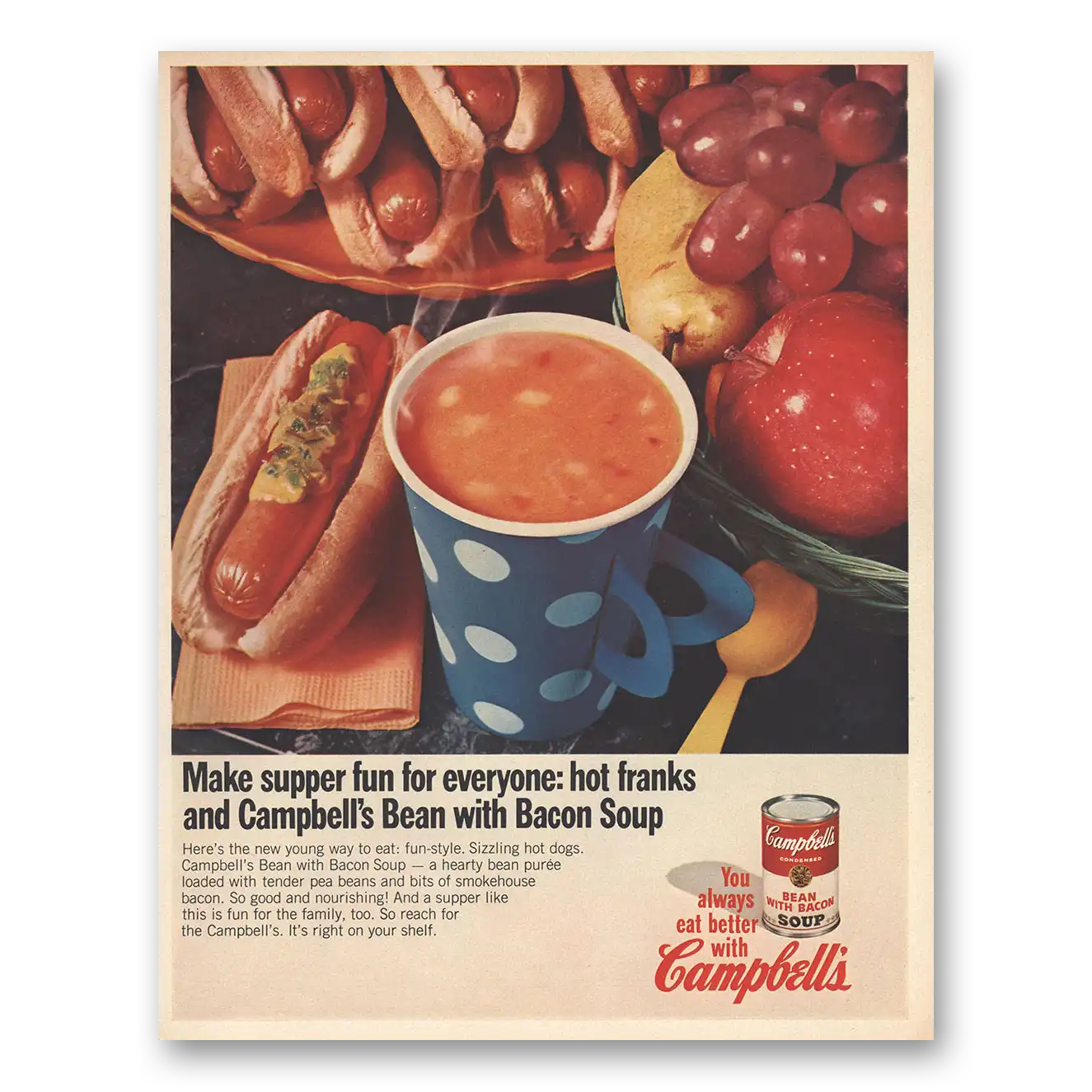 1967 Campbells Bean With Bacon Soup Make Supper Fun Vintage Magazine Print Ad