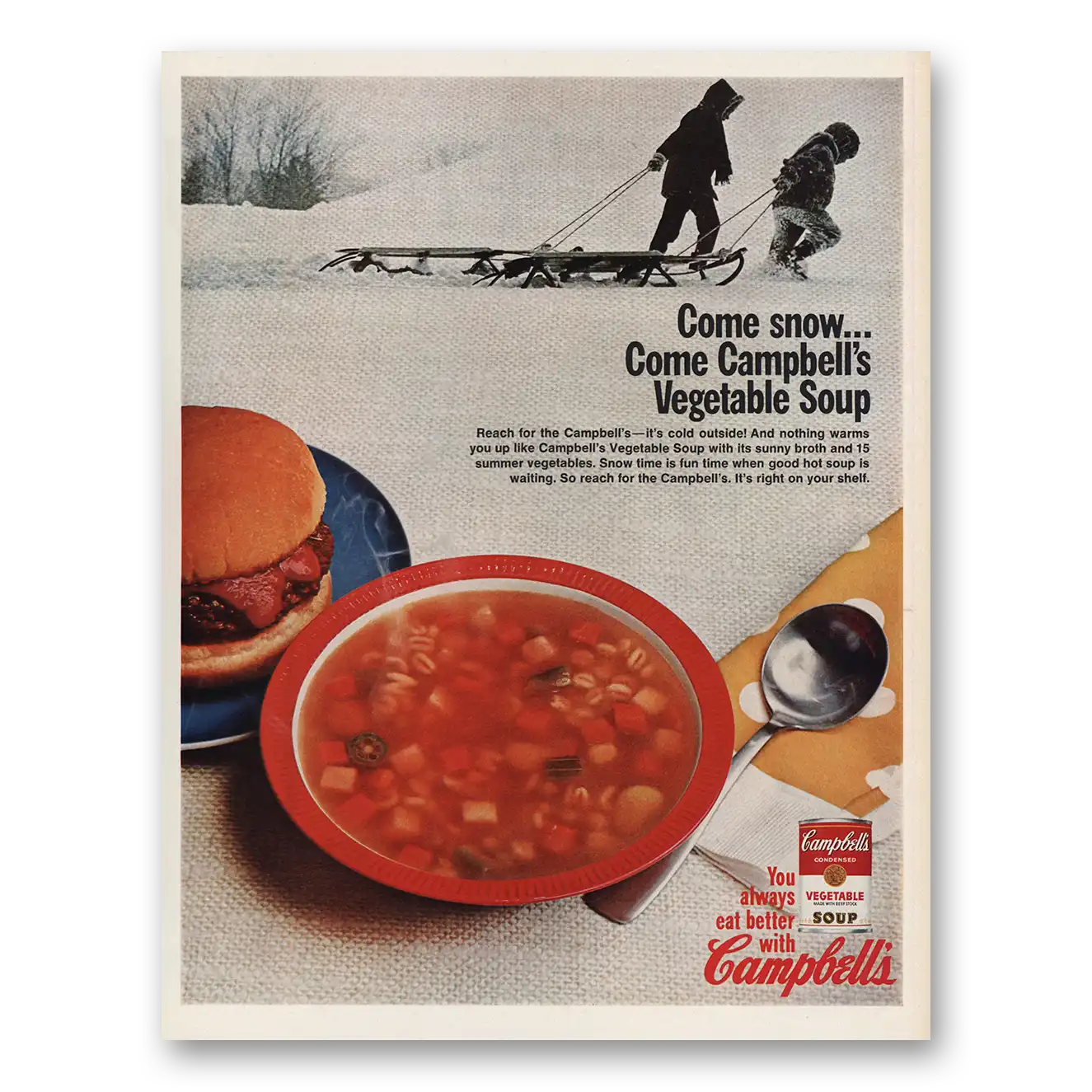 1967 Campbells Vegetable Soup Come Snow Vintage Magazine Print Ad