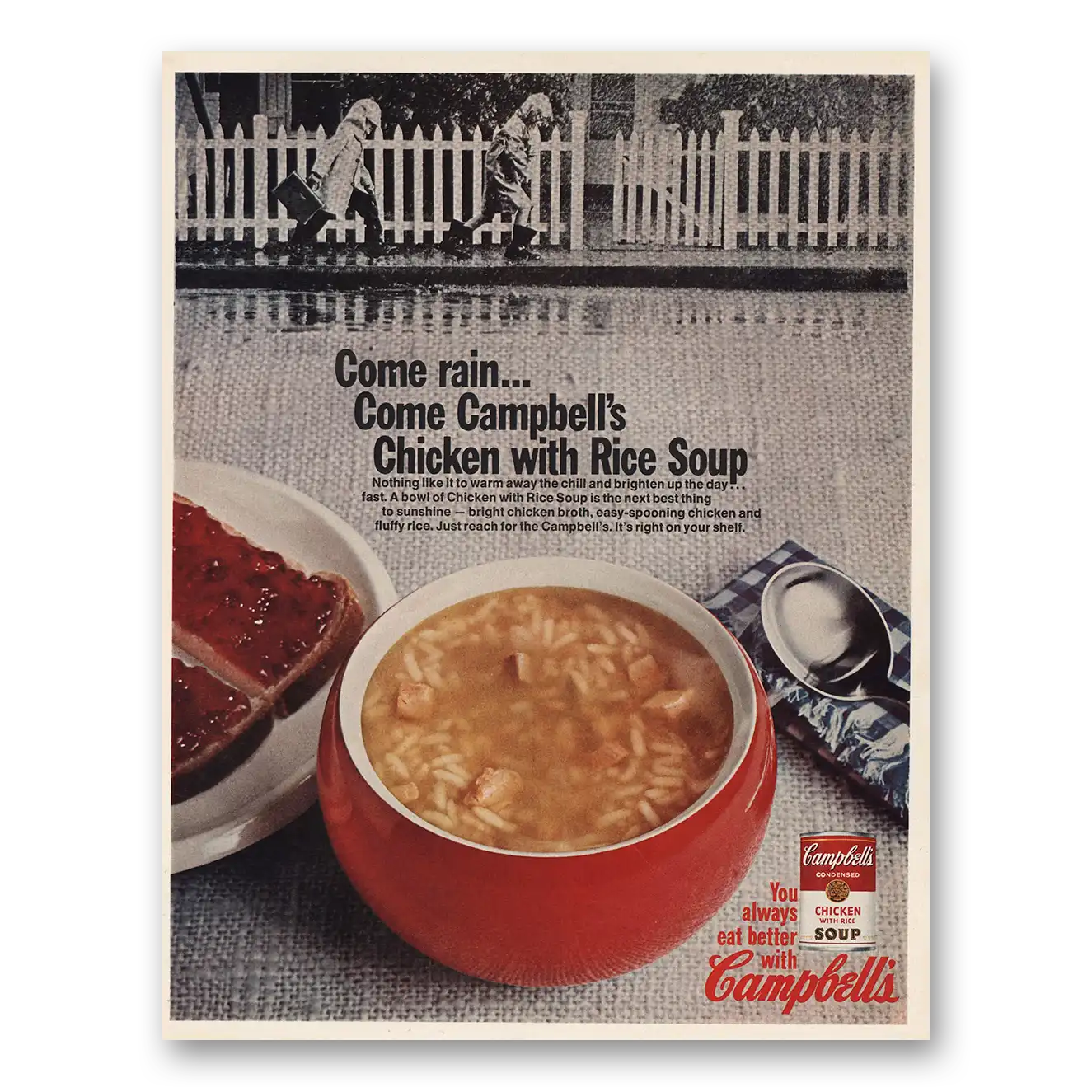 1967 Campbells Chicken with Rice Soup Come Rain Vintage Magazine Print Ad