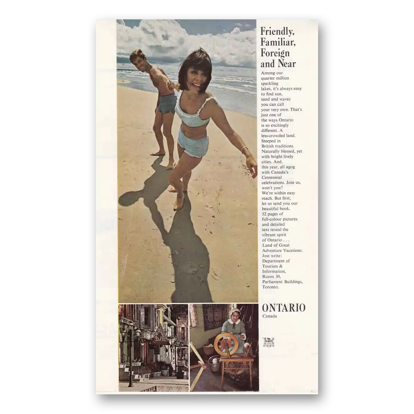 1967 Ontario Canada Friendly Familiar Beach Vintage Magazine Print Ad