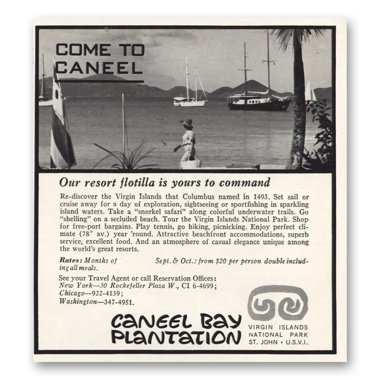 1967 Caneel Bay Plantation Resort Flotilla Yours to Command Vintage Magazine Print Ad