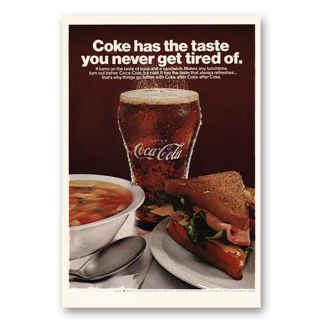 1967 Coca Cola Turns On Taste of Soup and Sandwich Vintage Magazine Print Ad