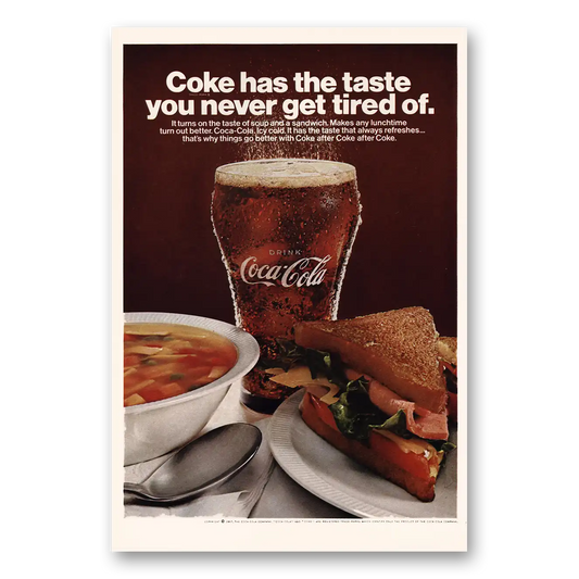 1967 Coca Cola Turns On Taste of Soup and Sandwich Vintage Magazine Print Ad