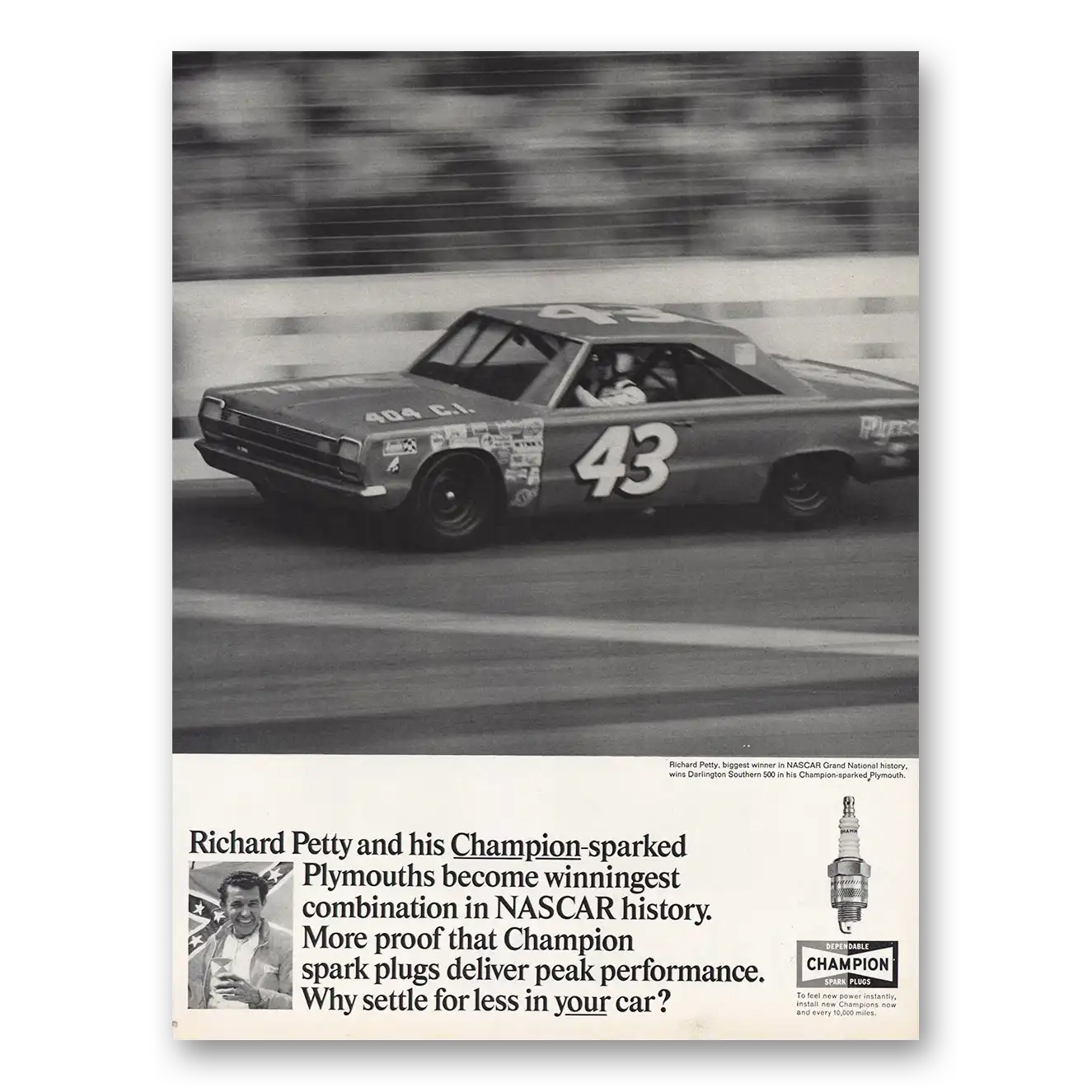 1967 Champion Spark Plugs Richard Petty Sparked Plymouths Vintage Magazine Print Ad