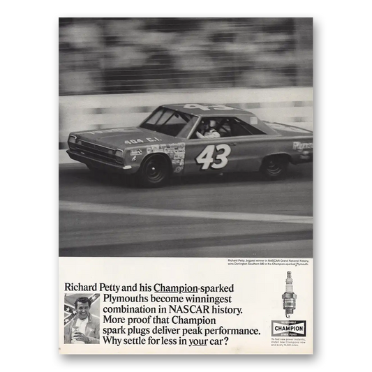 1967 Champion Spark Plugs Richard Petty Sparked Plymouths Vintage Magazine Print Ad