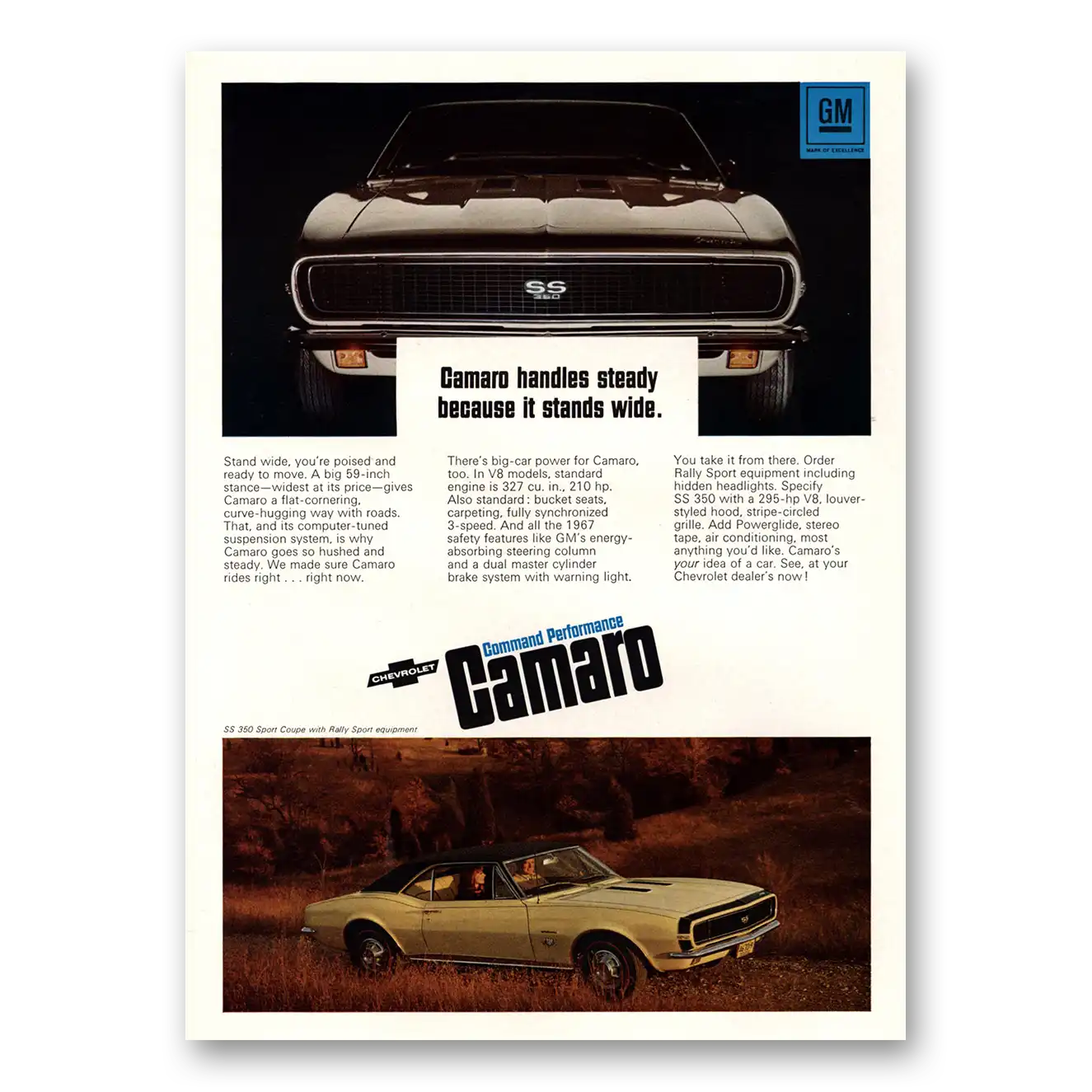 1967 Chevrolet Camaro Handles Steady Because It Stands Wide Vintage Magazine Print Ad