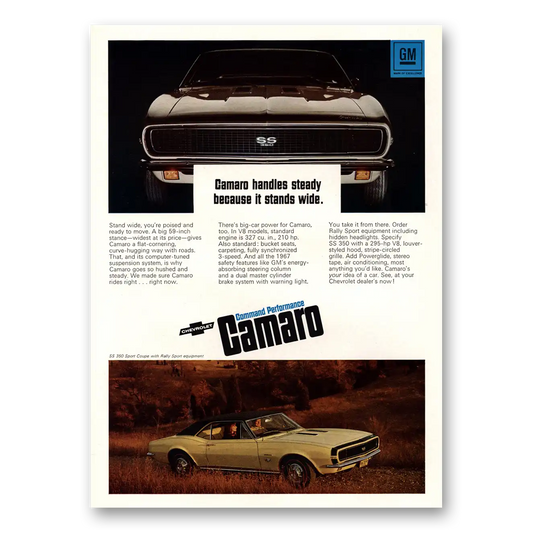 1967 Chevrolet Camaro Handles Steady Because It Stands Wide Vintage Magazine Print Ad