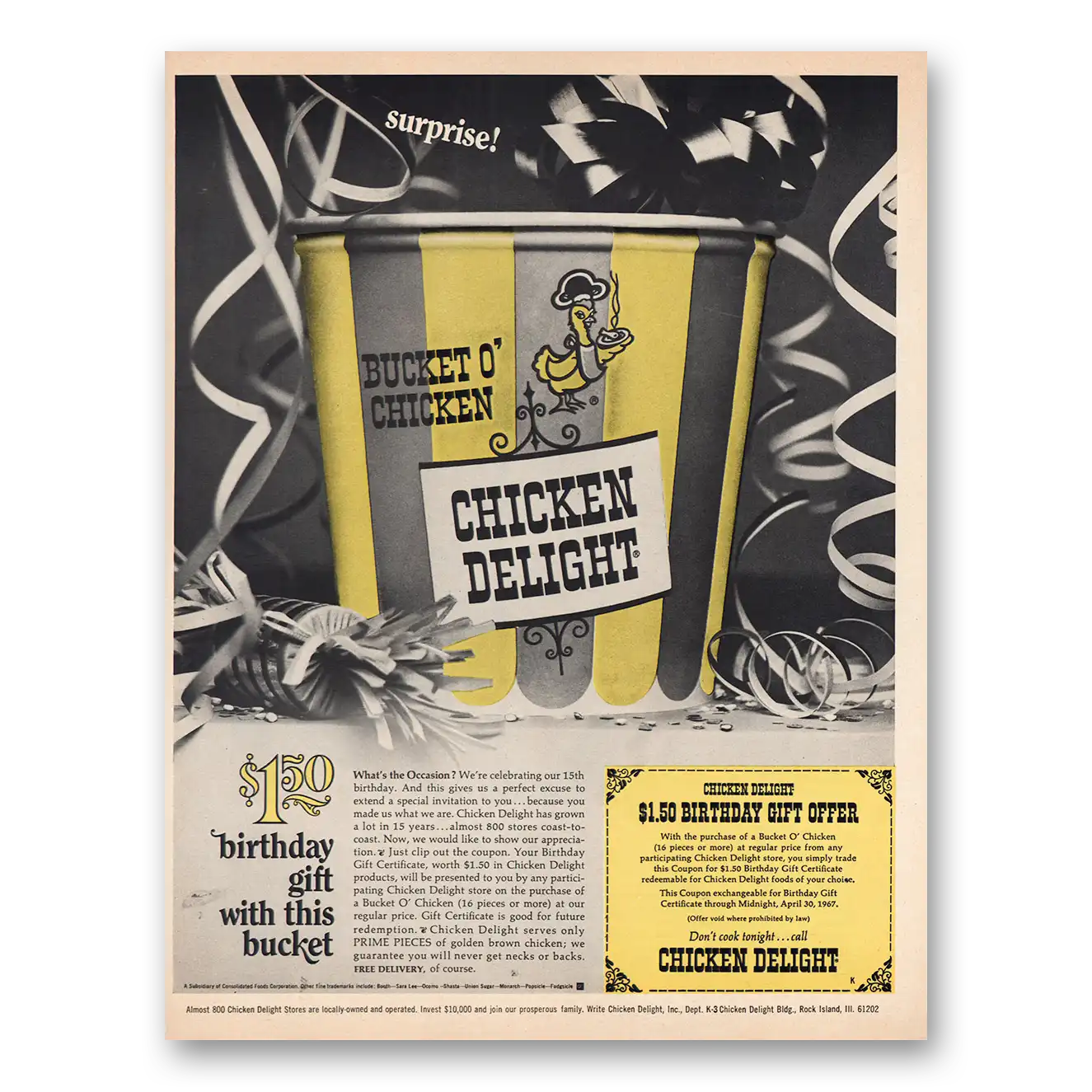 1967 Chicken Delight Birthday Gift Offer Vintage Magazine Print Ad