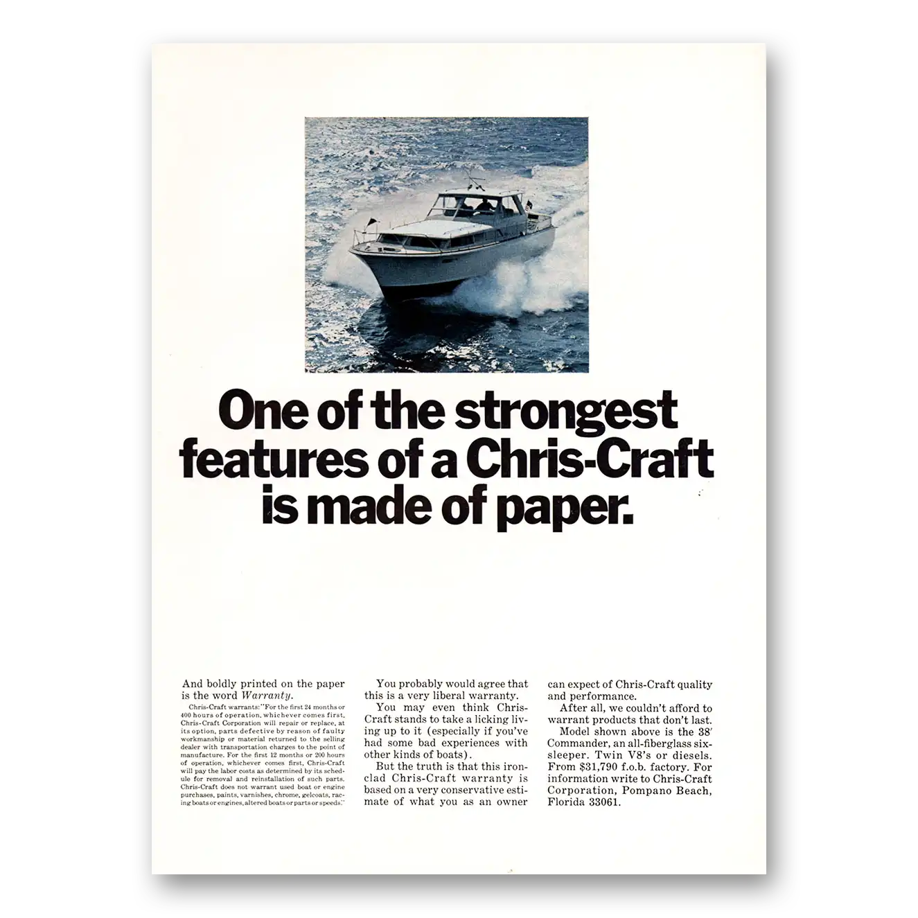 1967 Chris Craft Strongest Features Is Made of Paper Vintage Magazine Print Ad