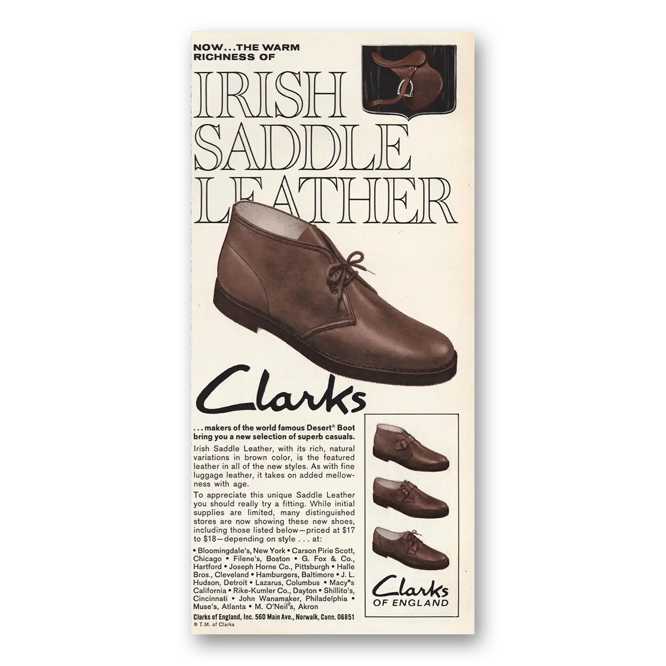 1967 Clarks Shoes Irish Saddle Leather Vintage Magazine Print Ad