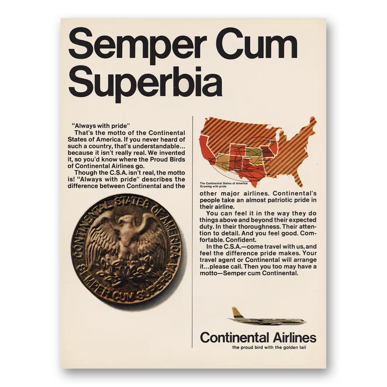 1967 Continental Airlines Semper Cum Superbia Vintage Magazine Print Ad