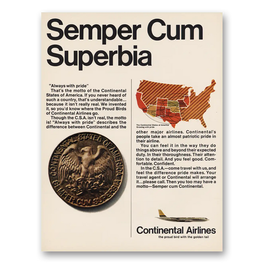 1967 Continental Airlines Semper Cum Superbia Vintage Magazine Print Ad