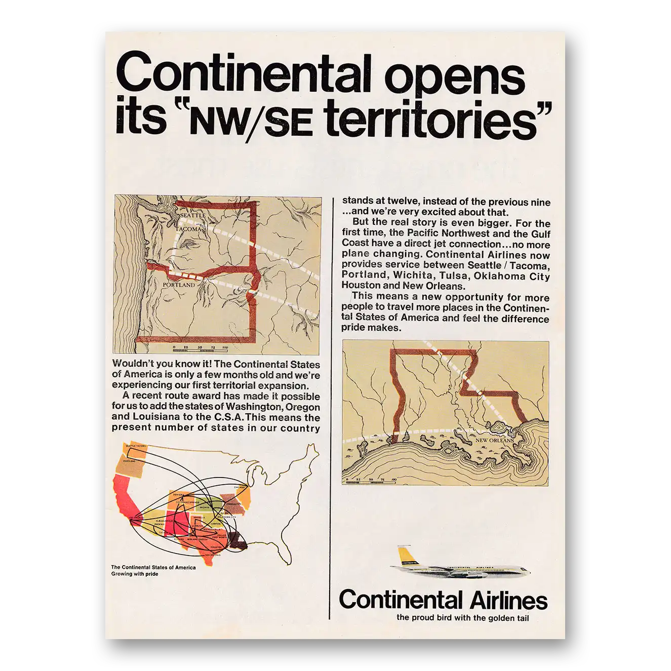 1967 Continental Airlines Opens Its NW SE Territories Vintage Magazine Print Ad