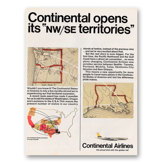 1967 Continental Airlines Opens Its NW SE Territories Vintage Magazine Print Ad