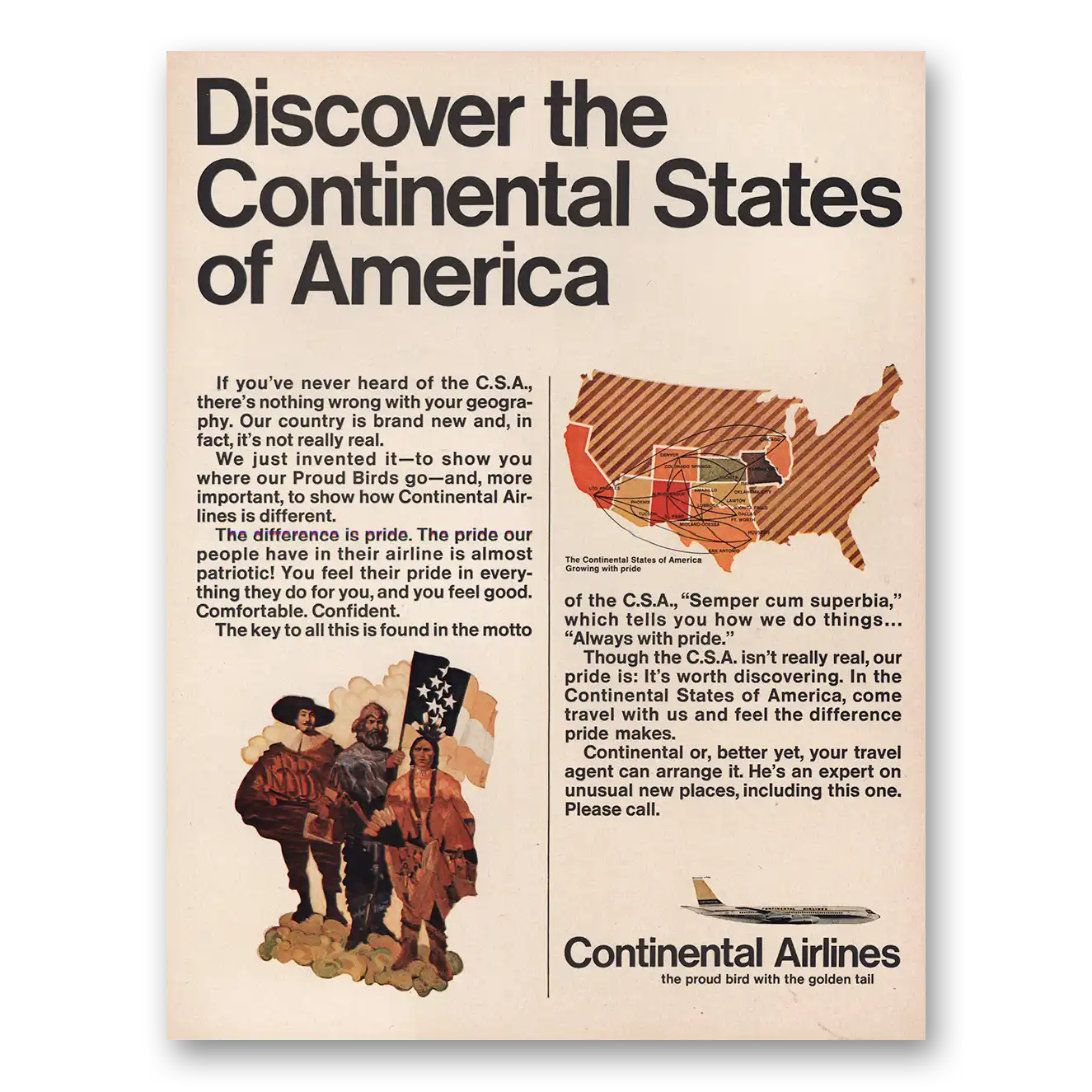 1967 Continental Airlines Continental States of America Vintage Magazine Print Ad