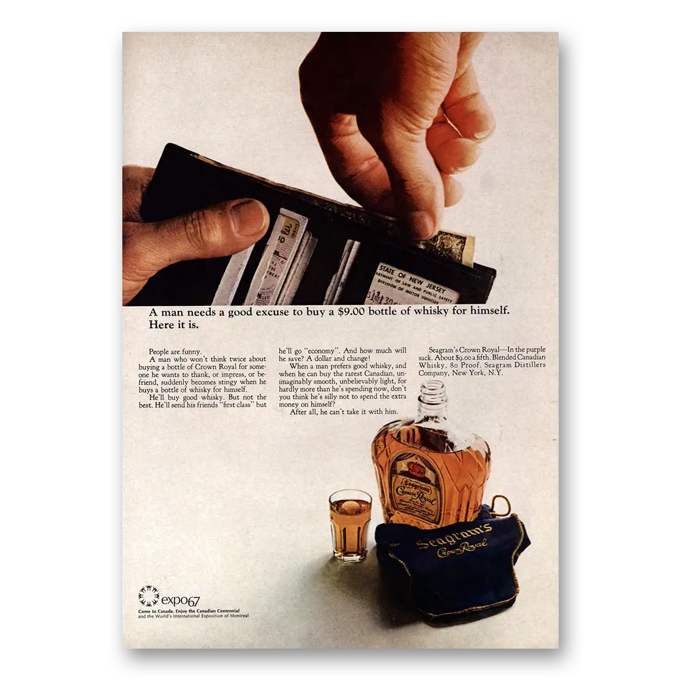 1967 Crown Royal Man Needs a Good Excuse Vintage Magazine Print Ad